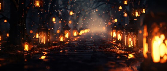 A dark forest with a path lit by candles