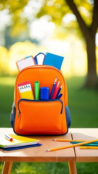 Orange backpack filled with school supplies, including notebooks, pencils, and pens on a wooden table outdoors. Back to school concept. Copy space template background