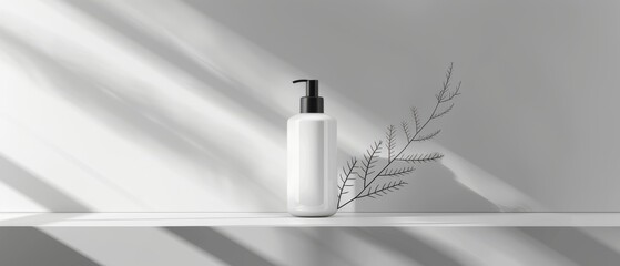 A bottle of lotion sits on a shelf next to a bunch of flowers