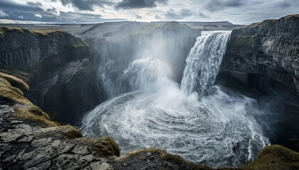 Fototapeta premium Ultra sharp photo of a waterfall plunging into a funnel, forming a captivating vortex in a natural