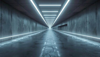 Ultra sharp photo capturing dark underground tunnel corridor with stark white LED lights against