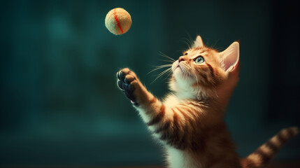A cat standing on its feet playing with ball