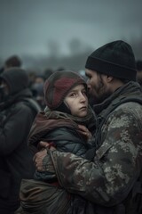 Fototapeta premium Ukrainian refugees demonstrate resilience and hope in poignant moment determination