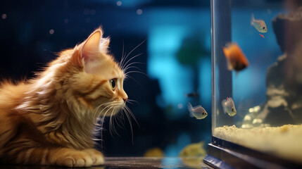 A cat watching fish swim in jar