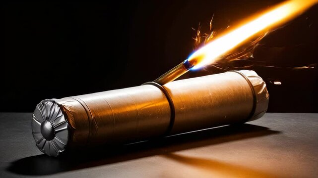dynamite stick with burning fuse against a dark background