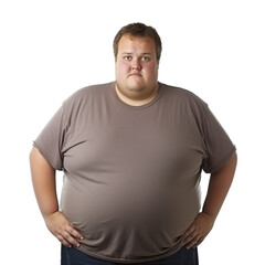 Fototapeta premium Frustrated overweight man looking to camera isolated on transparent background.