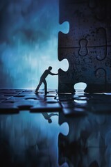 Visual metaphor workers pushing puzzles, symbolizing collaboration and teamwork
