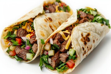 Burritos wraps with beef and vegetables on white background. Beef burrito, mexican food