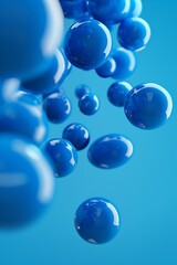 Dynamic 3D render of falling blue balls against a vibrant blue background, ideal for advertising