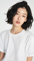 Fototapeta premium A striking portrait of a young Asian woman wearing an white t-shirt, exuding natural beauty and contemporary style.