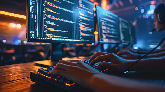 Typing hands on a keyboard with a monitor showing code, representing software engineering
