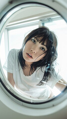 A striking portrait of a young Asian woman wearing an white t-shirt, exuding natural beauty and contemporary style.