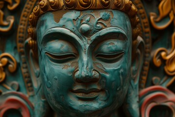Obraz premium Detailed close-up of a serene turquoise buddha statue with intricate detailing