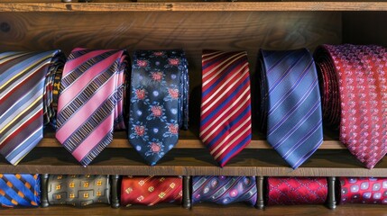 A display of colorful, patterned ties arranged neatly on a wooden table.