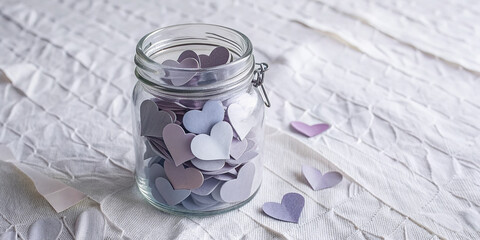 A delicate glass jar overflows with tender paper hearts, surrounded by empty space on a crisp white tablecloth, evoking feelings of love and affection.