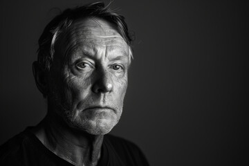 Black and white portrait of middle aged educated senior, real people in true life, copy space