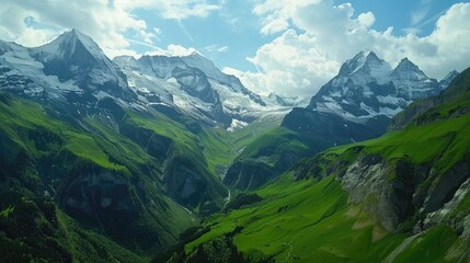 Fototapeta premium A drone perspective of the Swiss Alps, with towering snow-capped peaks and lush green valleys