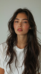 Naklejka premium A striking portrait of a young Asian woman wearing an white t-shirt, exuding natural beauty and contemporary style.