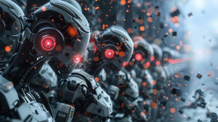 Fototapeta premium A group of robots with red eyes and glowing heads