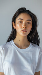 Fototapeta premium A striking portrait of a young Asian woman wearing an white t-shirt, exuding natural beauty and contemporary style.