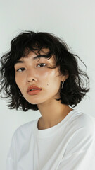 Fototapeta premium A striking portrait of a young Asian woman wearing an white t-shirt, exuding natural beauty and contemporary style.