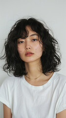 Fototapeta premium A striking portrait of a young Asian woman wearing an white t-shirt, exuding natural beauty and contemporary style.