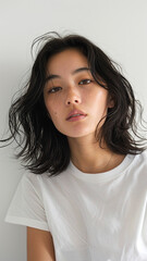 Fototapeta premium A striking portrait of a young Asian woman wearing an white t-shirt, exuding natural beauty and contemporary style.