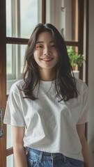 A striking portrait of a young Asian woman wearing an white t-shirt, exuding natural beauty and contemporary style.