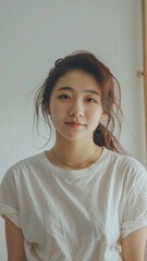 A striking portrait of a young Asian woman wearing an white t-shirt, exuding natural beauty and contemporary style.
