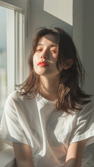 A striking portrait of a young Asian woman wearing an white t-shirt, exuding natural beauty and contemporary style.