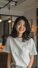 A striking portrait of a young Asian woman wearing an white t-shirt, exuding natural beauty and contemporary style.