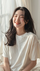 A striking portrait of a young Asian woman wearing an white t-shirt, exuding natural beauty and contemporary style.