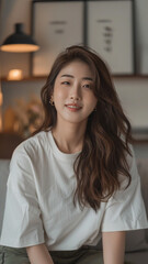 A striking portrait of a young Asian woman wearing an white t-shirt, exuding natural beauty and contemporary style.