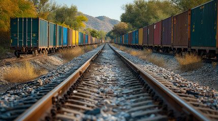 Obraz premium A railway track with multiple freight cars lined up on either side. The tracks are surrounded by gravel and rocks, and the perspective is taken from a low angle, emphasizing the depth of the tracks