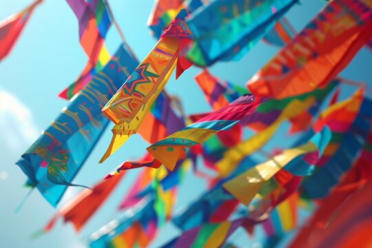 Colorful kites and banners adorn the sky, celebrating the joyous Dashain festival in Nepal. The words 'Dashain Celebration' dance in the wind, adding to the festive atmosphere.