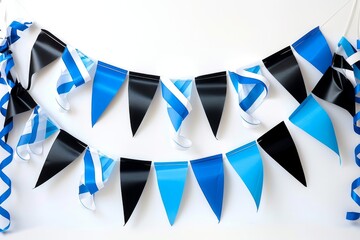 Vibrant blue, black, and white decorations adorn the scene, celebrating Estonia's Independence Day with flags, banners, and streamers. The 'Independence Day' text illustration takes center stage.