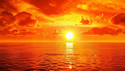 Panoramic view of orange sunset sky with bright sun Vivid colors imbue scene with warmth