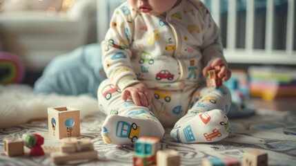 A baby is playing with wooden blocks on a carpeted floor