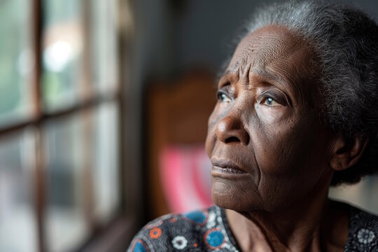 African American elderly woman looking out the window with a thoughtful expression. Concept of contemplation, aging, and peacefulness, suitable for World Alzheimer's Day - Powered by Adobe