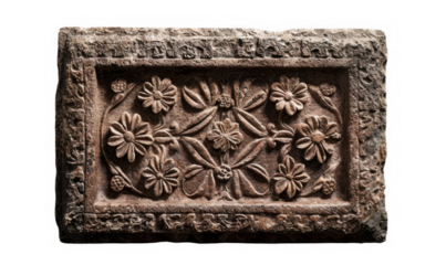 Aged Stone Tablet with Carved Floral Corners