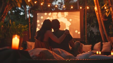 A couple is cuddling and watching a movie on a projector screen