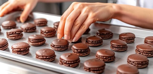 Someone making chocolate macarons on a baking sheet
