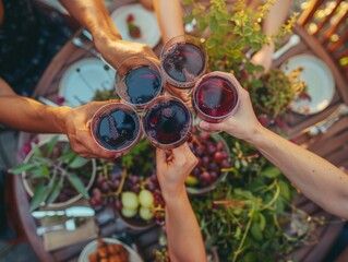 A group of friends or colleagues gathered around sharing wine and socializing, this photo could be used for events, parties, or corporate gatherings