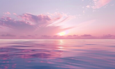 serene sunset over the ocean, with the sky painted in soft pink and purple hues and the calm water reflecting the colors