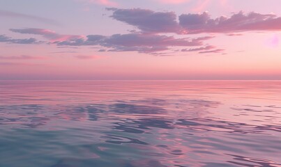 Obraz premium serene sunset over the ocean, with the sky painted in soft pink and purple hues and the calm water reflecting the colors