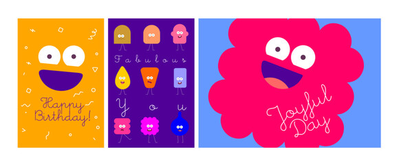 Cheerful birthday card designs with bold characters and bright colors, ideal for joyful birthday wishes.