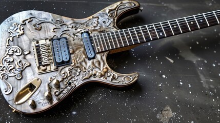 Fototapeta premium A high-end electric guitar with intricate detailing, set against a sleek backdrop.