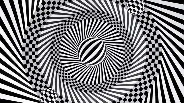 Black and white optical illusion circles with rotating spheres loop animation
