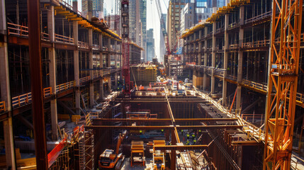 A bustling construction site with cranes lifting steel beams for a high-rise building, workers in hard hats