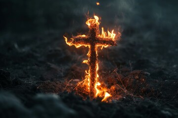 Fiery and dramatic flaming cross burning at twilight. A powerful religious symbol of christian spirituality and fervent belief. Set ablaze in a traditional outdoor ritualistic tradition